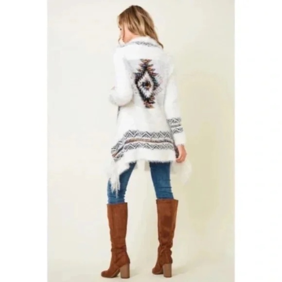 White Fuzzy Eyelash Western Boho Fringe Rainbow Aztec Pattern Open Knit Cardigan - Picture 2 of 5